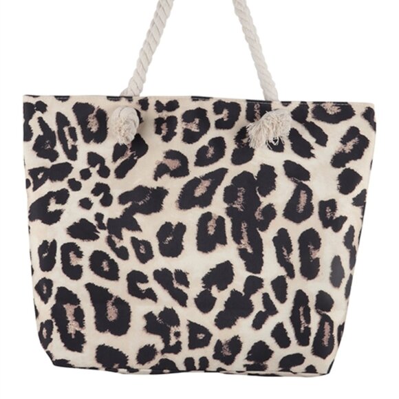 Leopard Print Canvas Tote Bag/ Rope Handles - Tan/Black/Brown - Style 1 -NWT - Picture 2 of 9